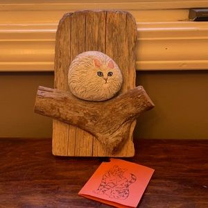 Handcrafted surf-tumbled rock, weathered driftwood cat art from Canadian coast